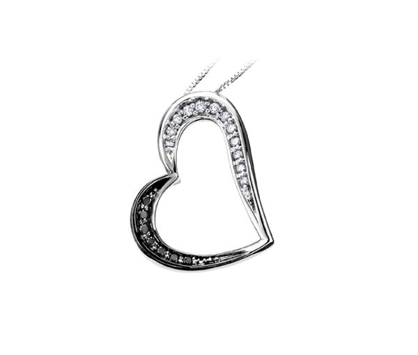 PENDENTIF COEUR EN OR BLANC SERTI DE DIAMANTS NOIRS ET BLANCS